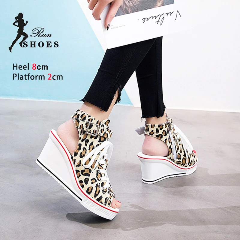 Summer Peep Toe Sandals Women Breathable Canvas Shoes Fashion Leopard Print Thick Platform Heels 8CM Lady Wedge Casual Sandalias