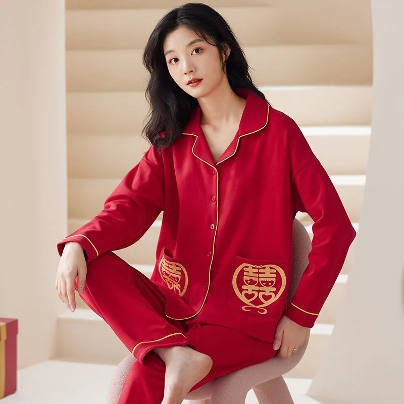 2024 neue Baumwolle Damen Pyjamas Set Frühling Herbst Winter Home Kleidung Hochzeit V-Ausschnitt Lounge wear lose rote Nachtwäsche Anzug