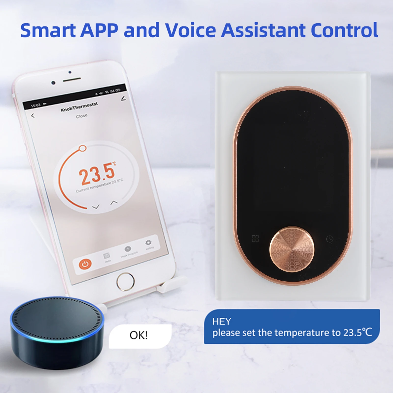 

Smart Thermostat for House Water Heating AC Thermostat with VA Digital Touch Screen and Adjustable Knob 5+1+1 Weekly Programming