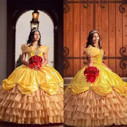 Princess Gold Satin Quinceanera Dresses 2022 Off Shoulder Tiered Skirts lace-up corset Plus Size vestidos de 15 años