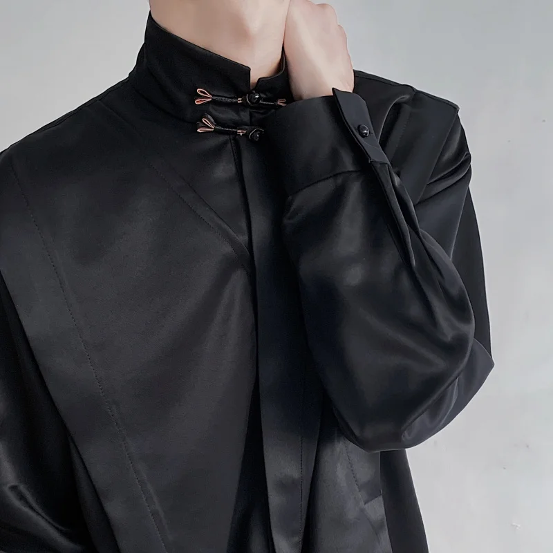 

Spring Vintage Smooth Acetate Drapey Men's irt Embroidered Button up High End Sensation New Chinese Sle Loose Fit Long Sl...
