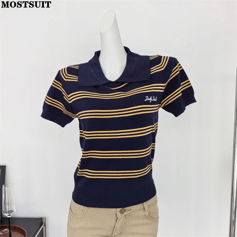 2025 verão listrado camisola camisetas femininas letras bordadas manga curta malhas camisetas elegantes moda senhoras jumpers