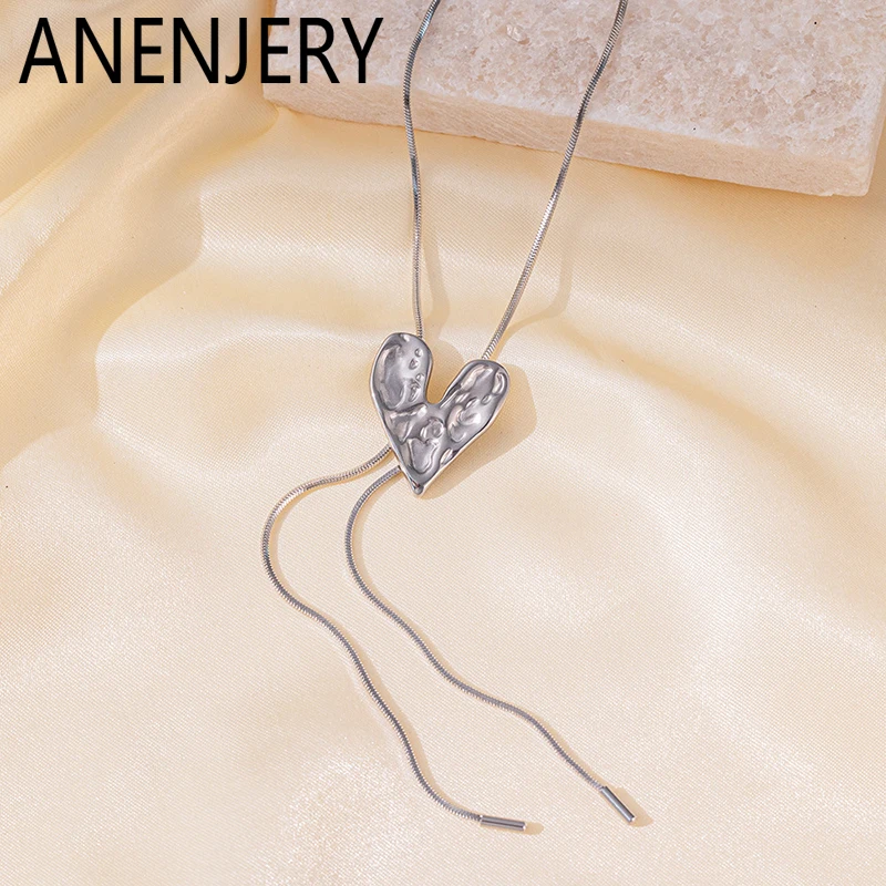 ANENJERY 316L Stainless Steel Heart Double Layered Pull Necklace for Women Snake Bone Sweather Clavicle Niche Cool Jewelry Gifts