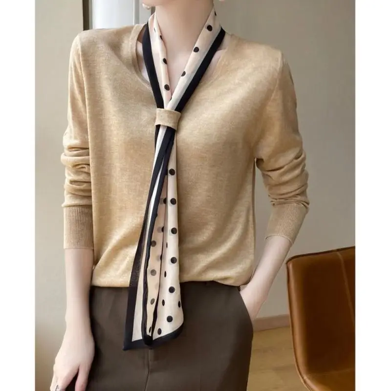 Spring Autumn New V-neck Long Sleeve Sweater Women Solid Color Patchwork Lacing Pullovers Elegant Comfortable Knitting Chic Top