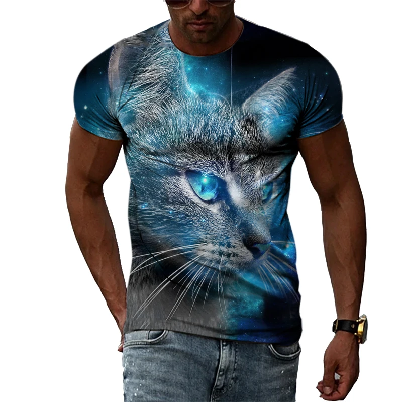 Summer New Animal Cat Pattern 3D T-shirt Hip Hop Trend Personality Fashion Round Neck Top Casual Street Element Short Sleeve Tee