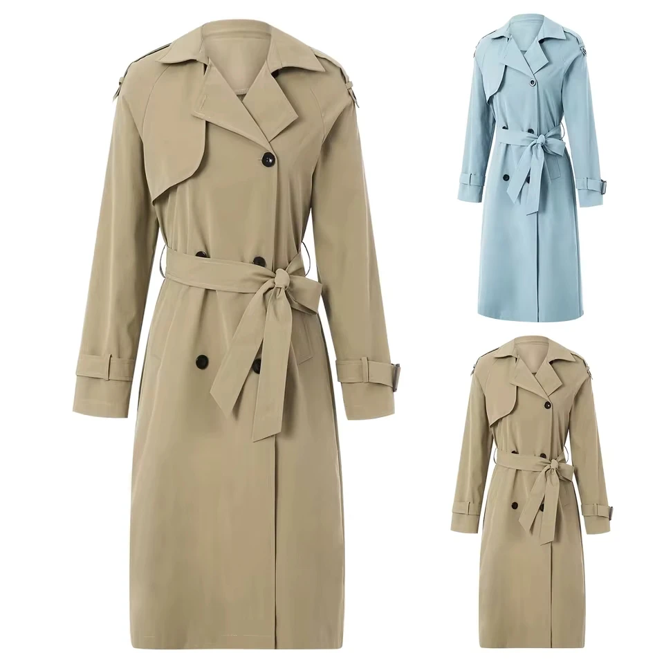 

Women Long Sleeve Trench Coat Double Breasted Turndown Long Coats Classic Spring Temperament Trench Coat Windproof