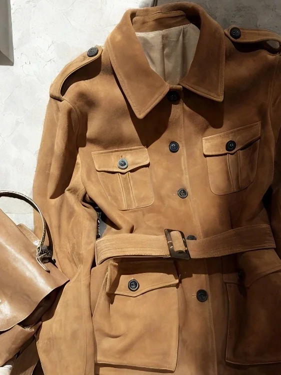 Browan Suede Leather Jaet Women's Casual Sle Mid-Length Light Maturi Faion Windbreaker American Sle Loose Fit Waist...