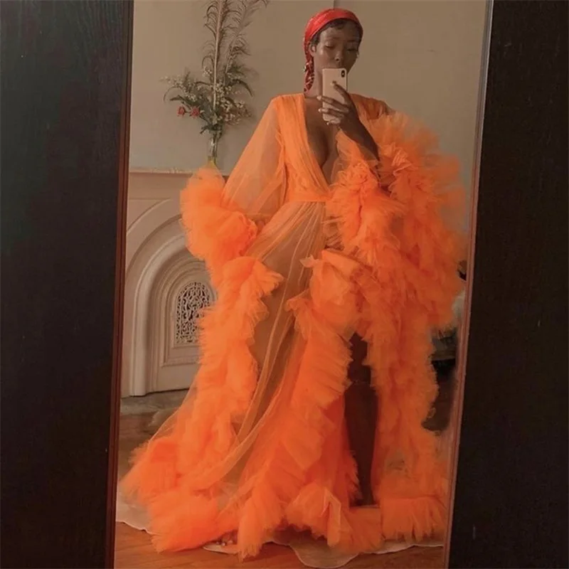 

Orange Maternity Robes Women Puffy Tulle Bathrobe Prom Dresses for Photo Shoot Long Sleeves Sleepwear Photography Custom Made