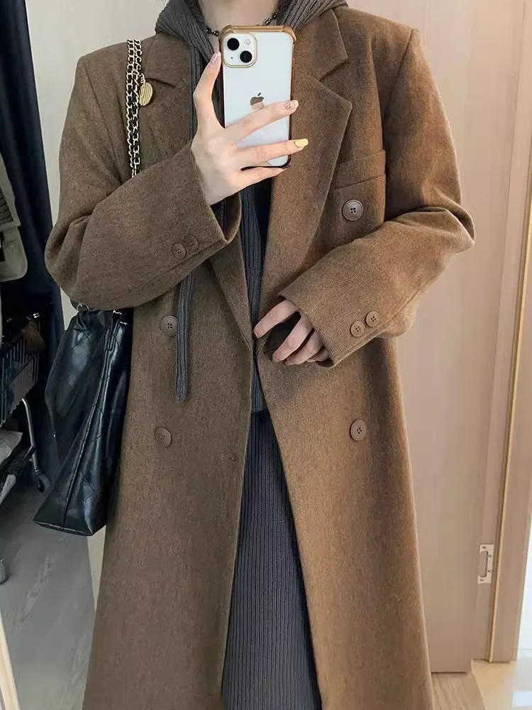 

Brown Double-Sided Woolen Coat For Women'S Autumn And Winter High-End Feeling, Double Breasted Mid Length Woolen Coat