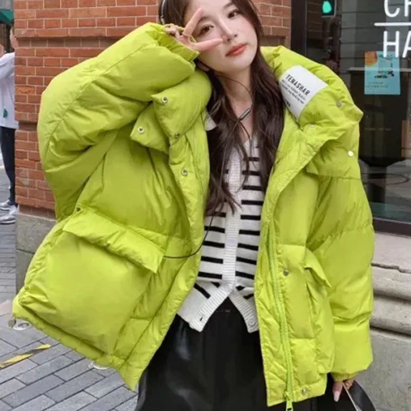 Green Down Jacket Women Fashion Casual Big Pockets Winter Cotton Coat Hooded Streetwear Thicken Warm Lady Outerwear