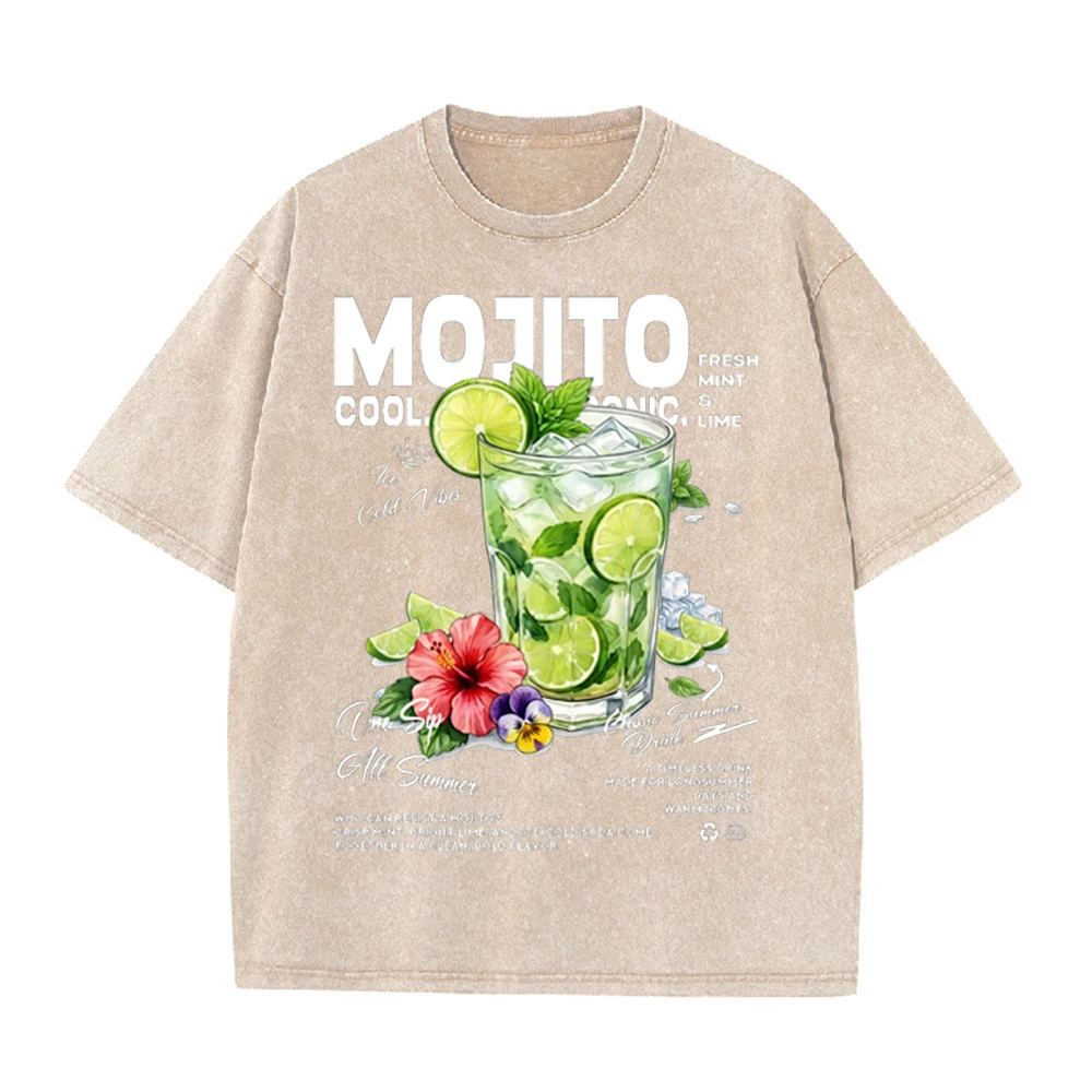2026 Vintage Washed Black Mojito Cocktail Graphic T Shirt Summer Fruit Drink Floral Oversized Casual Streetwear Short Sleeve Tee
