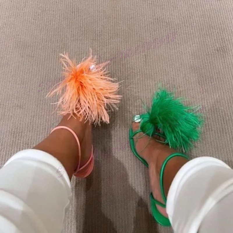 

Pink Feather Decor Ankle Strap Sandals Open Toe Shoes for Women Stilettos High Heels Evening Sexy Shoes 2024 Zapatos Para Mujere