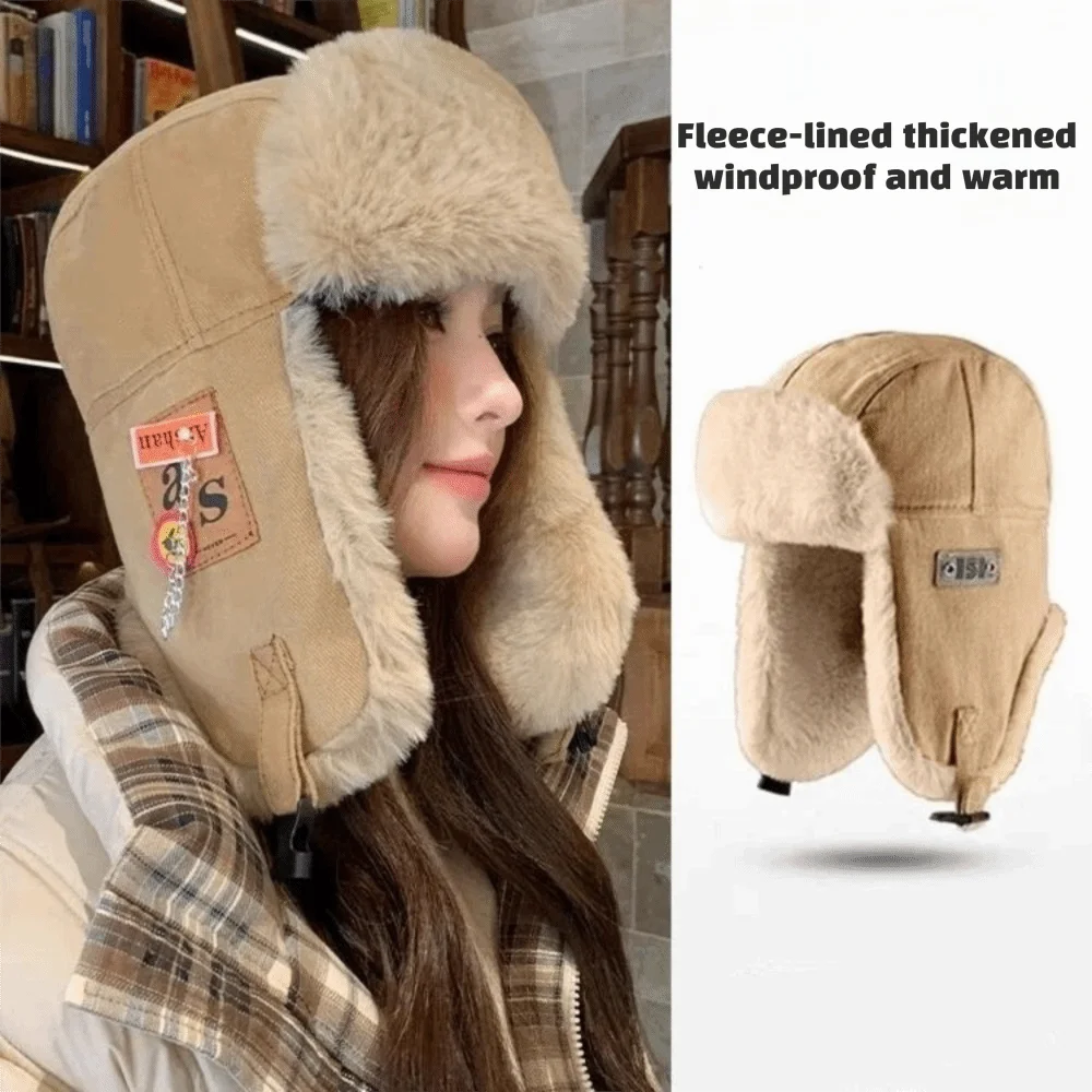 قبعة منفوخة سميكة أنيقة مع غطاء للأذن من الفرو الصناعي لحماية الأذن قبعات تحافظ على الدفء قبعة شتوية مقاومة للماء للسيدات #1