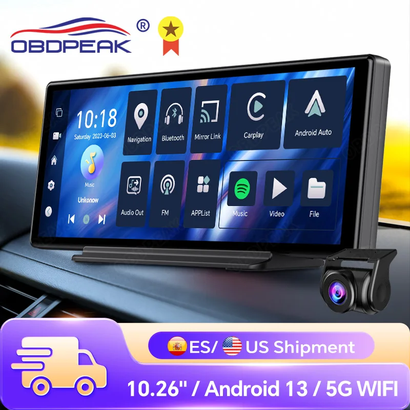 OBDPEAK T30 10.26“ Android 13  Ai Screen Carplay Android Auto Dash Cam WIFI GPS Navigation Dashboard Recorder Mirror Camera