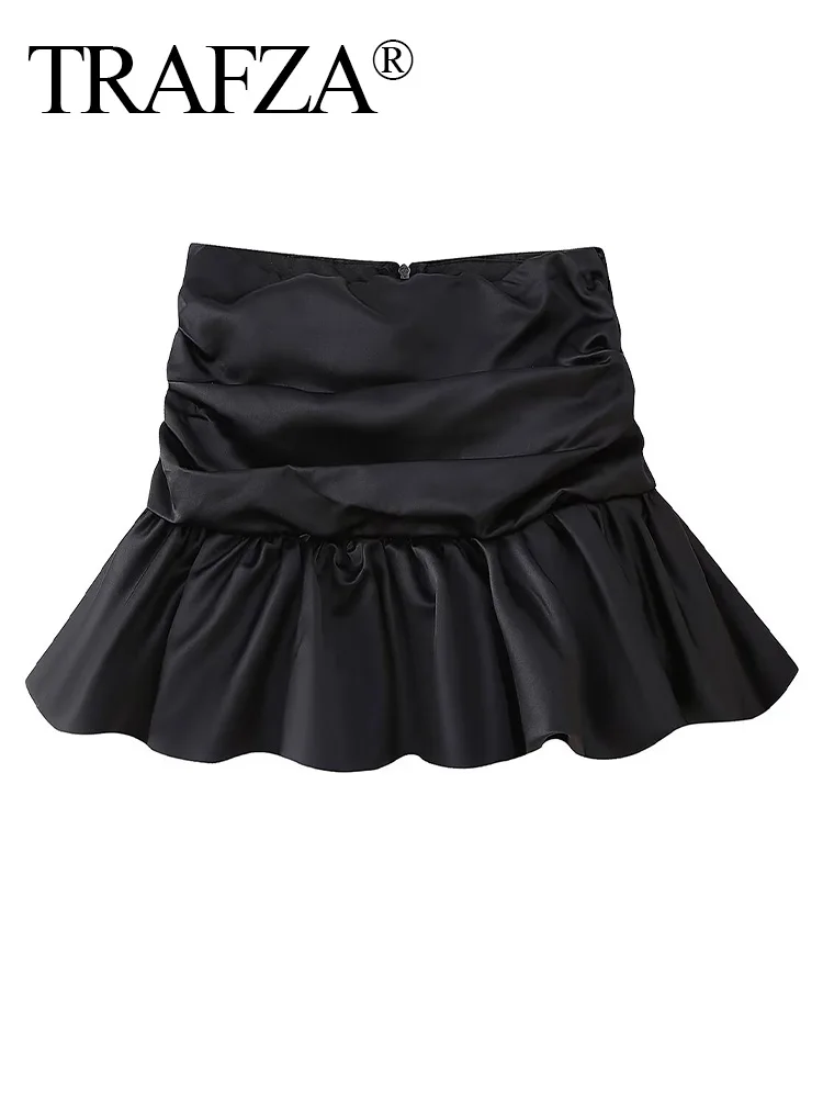 

TRAFZA Women Chic Bud Satin Tutu Decorated Pleated Slim Mini Skirt Summer Women High Waist Back Zipper Short Skirt Streetwear