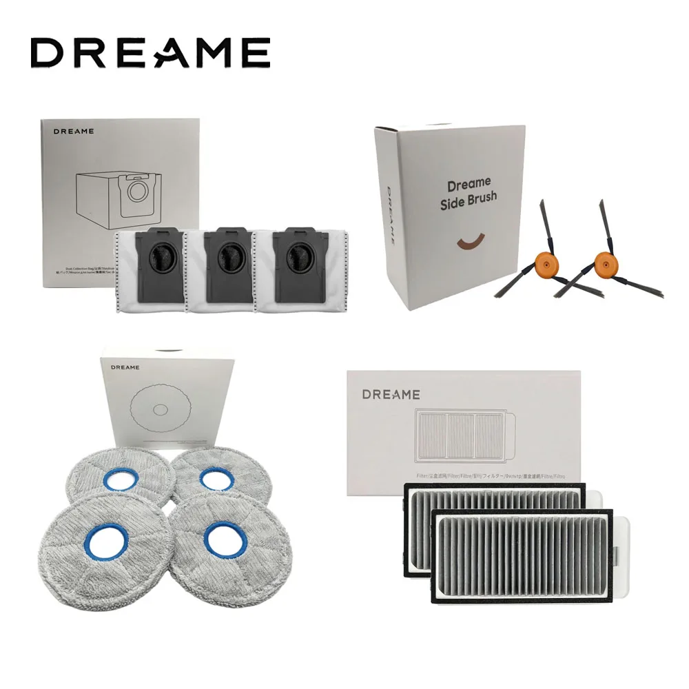 Originele Dreame L60 Pro Ultra stofzuigeraccessoires: hoofdborstel, zijborstel, HEPA-filter, dweilpads, stofzak, optionele reserveonderdelen.