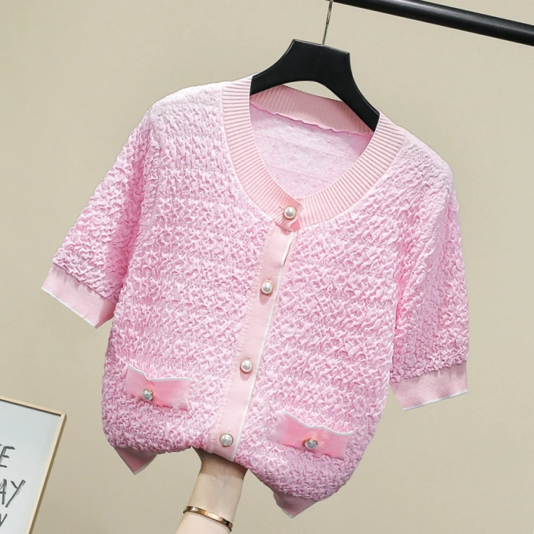 

Нежный короткий вязаный кардиган с круглым вырезом и эластичными рукавами, розовый топ для женщин, летняя модная приталенная верхняя одежда, пальто