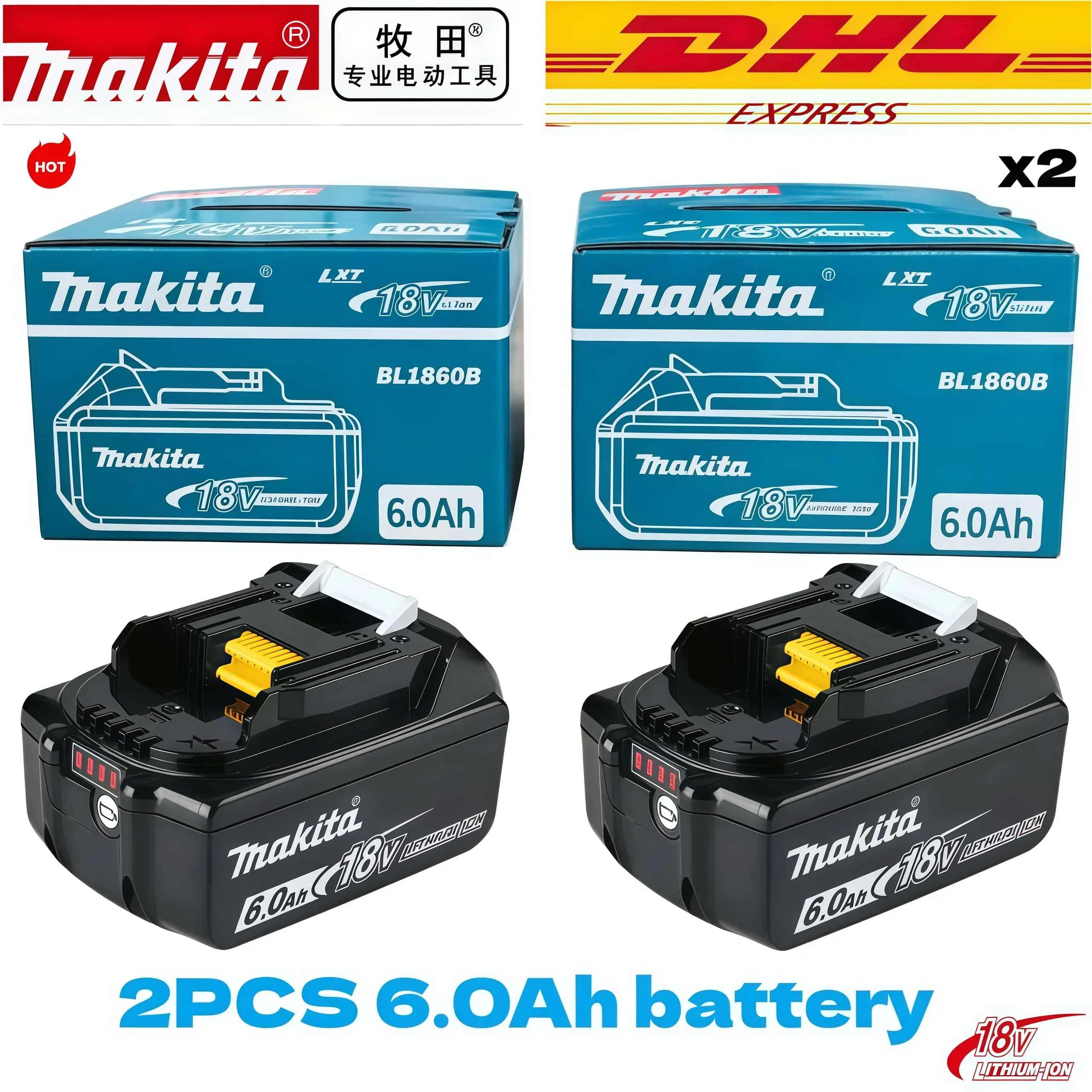 100% Original Makita 18V Battery, 6.0Ah Rechargeable Battery, Replacing Makita BL1830B L1840B L1850B L1860B, Power Tool Battery