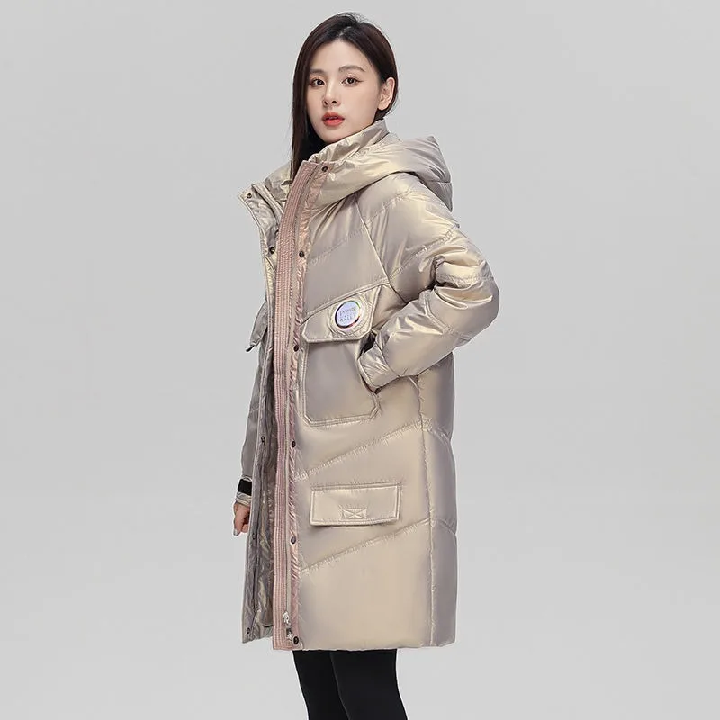 2023 New Women Down Jacket Winter Coat Female Mid Length Version Fashion Parkas Loose Thick Outwear Hooded Versatile Overcoat