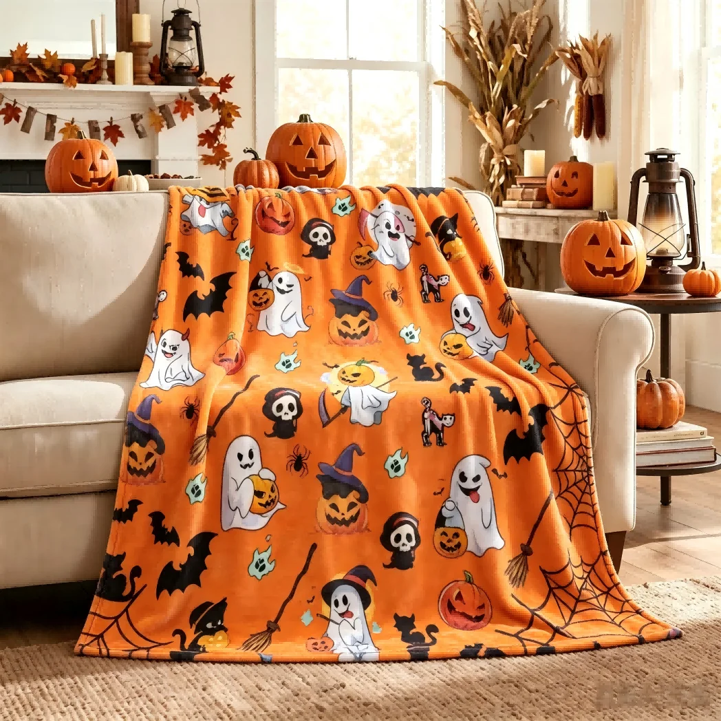 1pc Ghost Cobweb Witch hat Orange Blanket Gifts Halloween X-mas Flannel Blankets Women Men Festival Decoration Four Season Use