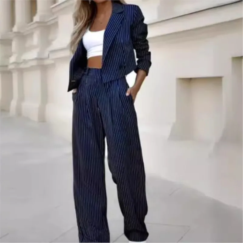 2 Piece Set Women Outfit Winter Fall Fashion Striped Notched Collar Long Sleeve Blazer Coat Elegant Straight Leg Pant Set Women