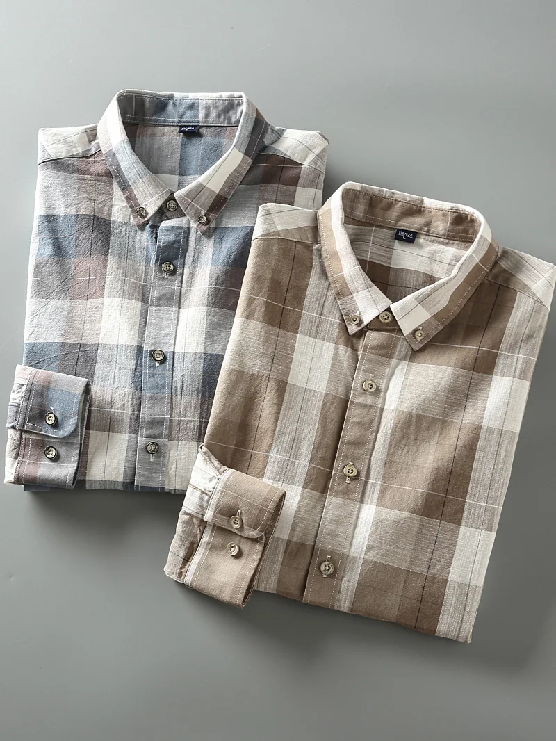 

Ретро-японская рубашка с длинным рукавом из чистого хлопка, повседневная, в клетку, с воротником, весенне-осенняя, мужская, на пуговицах, фланелевая.