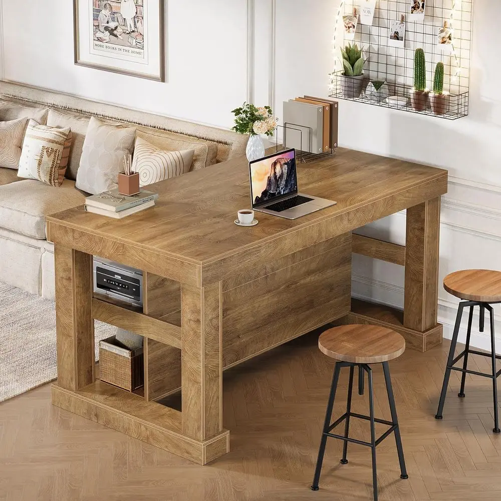 جزيرة مطبخ خشبية واسعة 55 على طراز المزرعة مع 3 أرفف وسطح عمل كبير، سهلة التجميع، بني فاتح #5