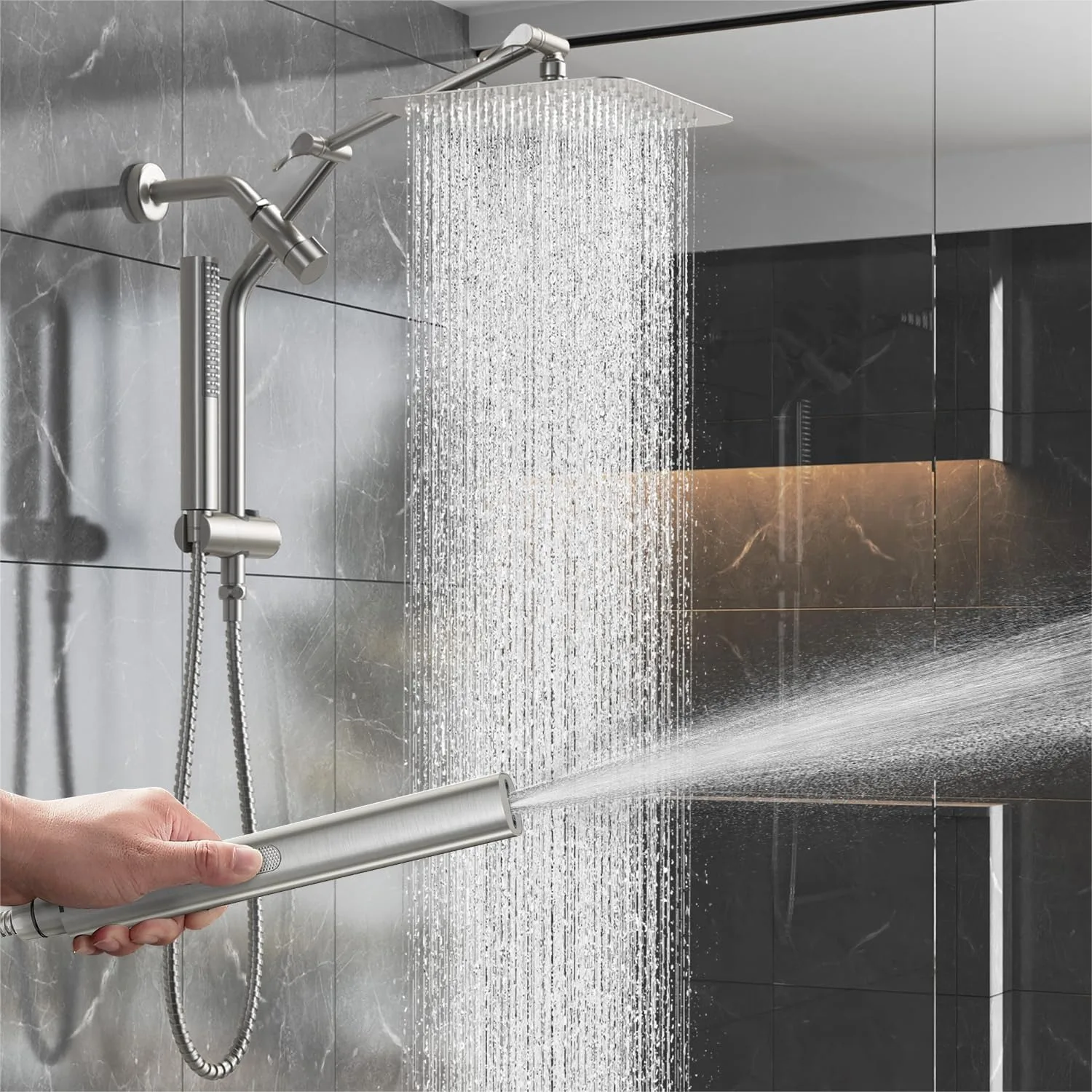 

10" Rain Shower Head with Handheld Spray Combo, High Pressure Rainfall Square Showerhead, Brushed Nickel All Metal Dual