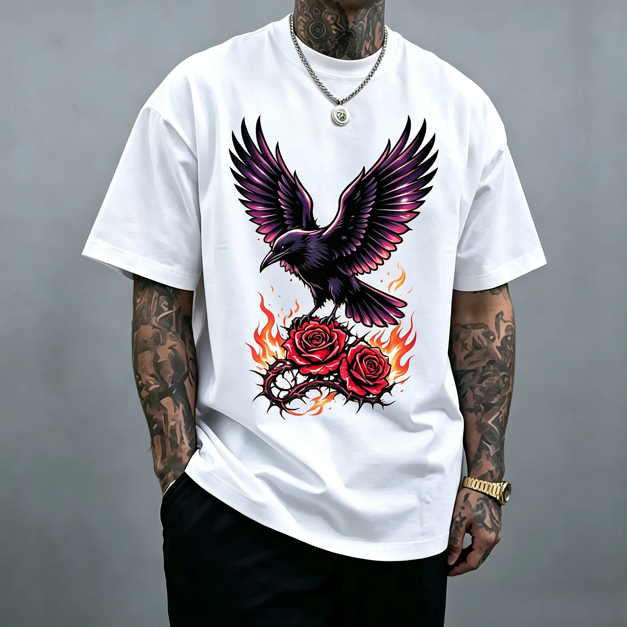 Unisex Gothic Crow Fire Red Rose T-Shirt Dark Tattoo Graphic Tee Vintage Thorn Rose Oversized White Short Sleeve Streetwear For Men Women