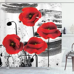 Red Poppy Flower Shower Curtain with Hooks, Washable Fabric, Bathroom Curtains, Floral