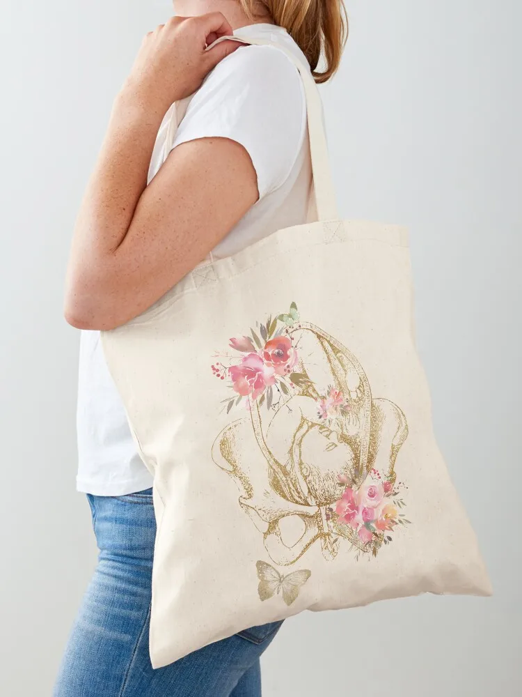 

Vintage Retro Antique Pregnancy Print With Flowers Doula Gift Floral Tote Bag personalized tote bag Shopper bag Canvas