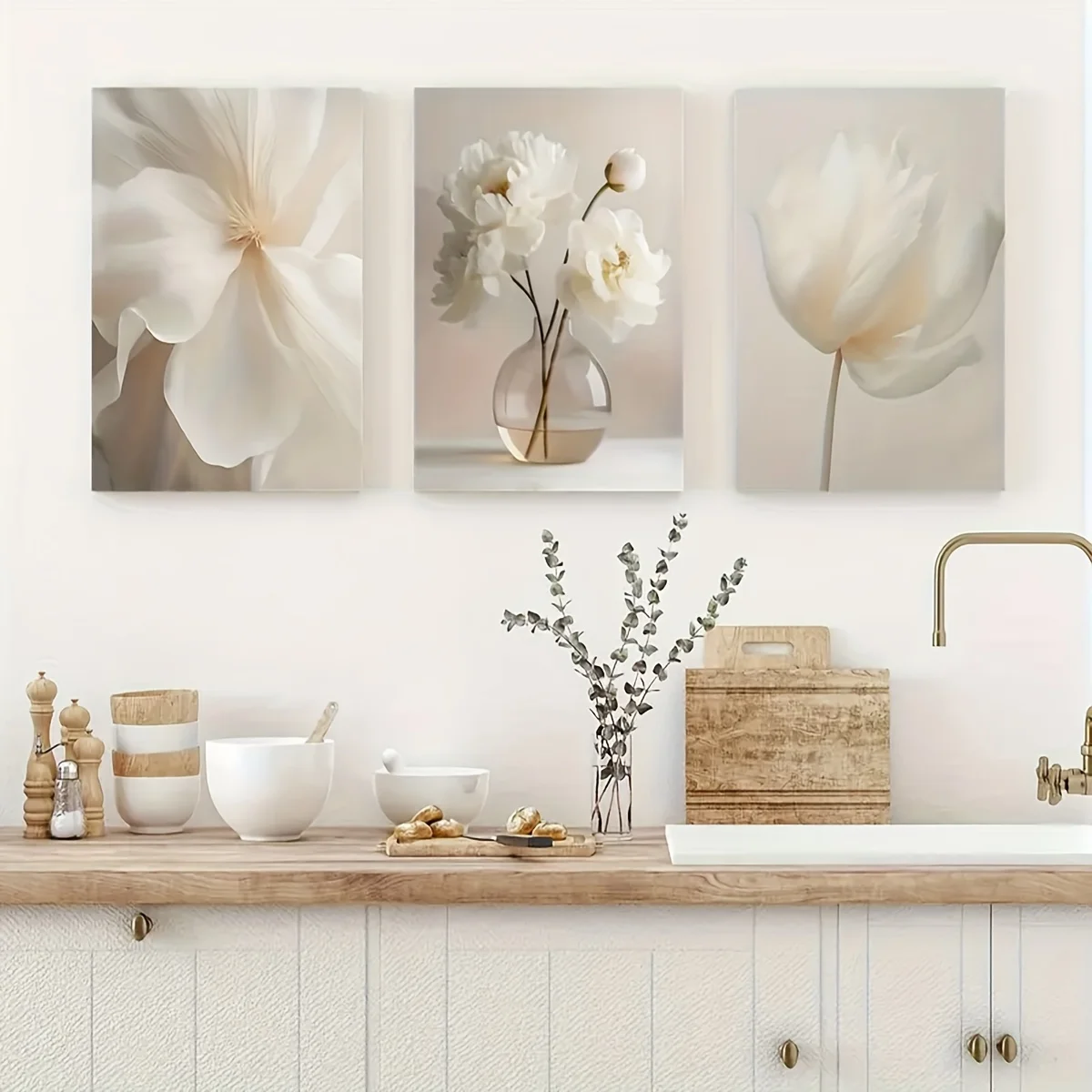 3pcs Elegant White Peony Floral Canvas Art Prints - Frameless, Minimalist Wall Decor for Modern Home, Beige Background with Gold