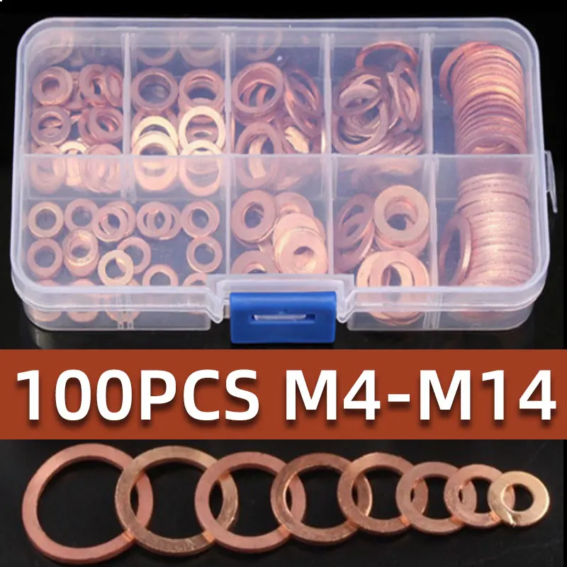 

Tbelix 100PCS Set Copper Washer Gasket Nut and Bolt Set Flat Ring Seal Assortment Kit with Box M4 M8 M10 M12 M14 for Sump Plugs