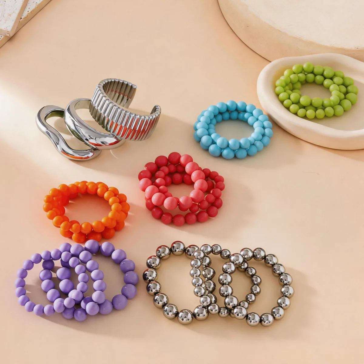 6 Pcs/set Mixed Stackable Acrylic Beaded Open Bangles for Women Men Multi-color Chunky Cuff Bracelets New Trendy Jewelry K