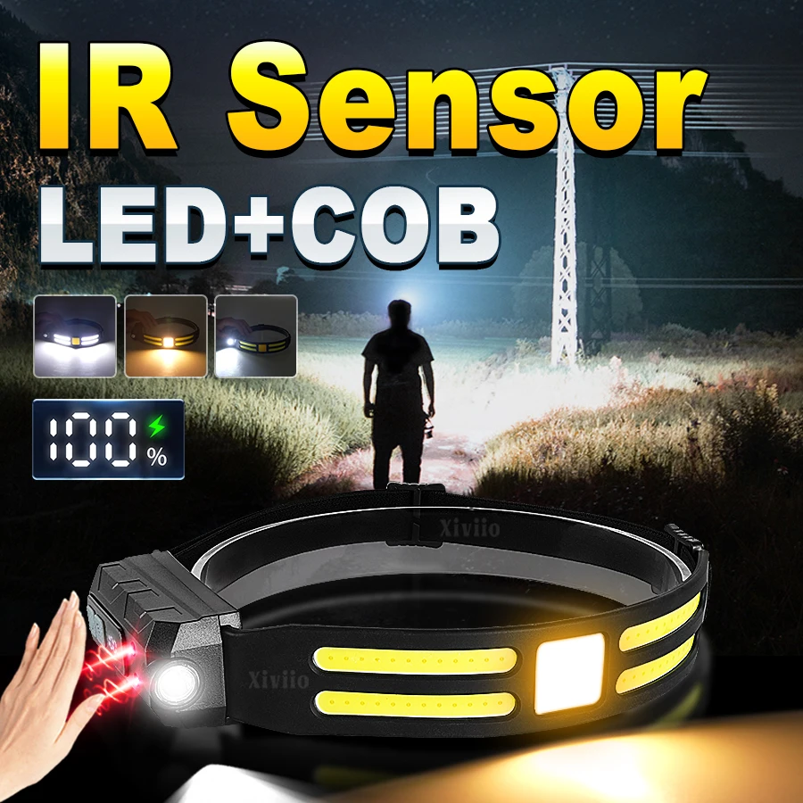 Sensor Headlamp LED Head Flashlight 1200mah Rechargeable Headlight Led Head Torch 5 Modes Fishing Camping Running Front Lantern