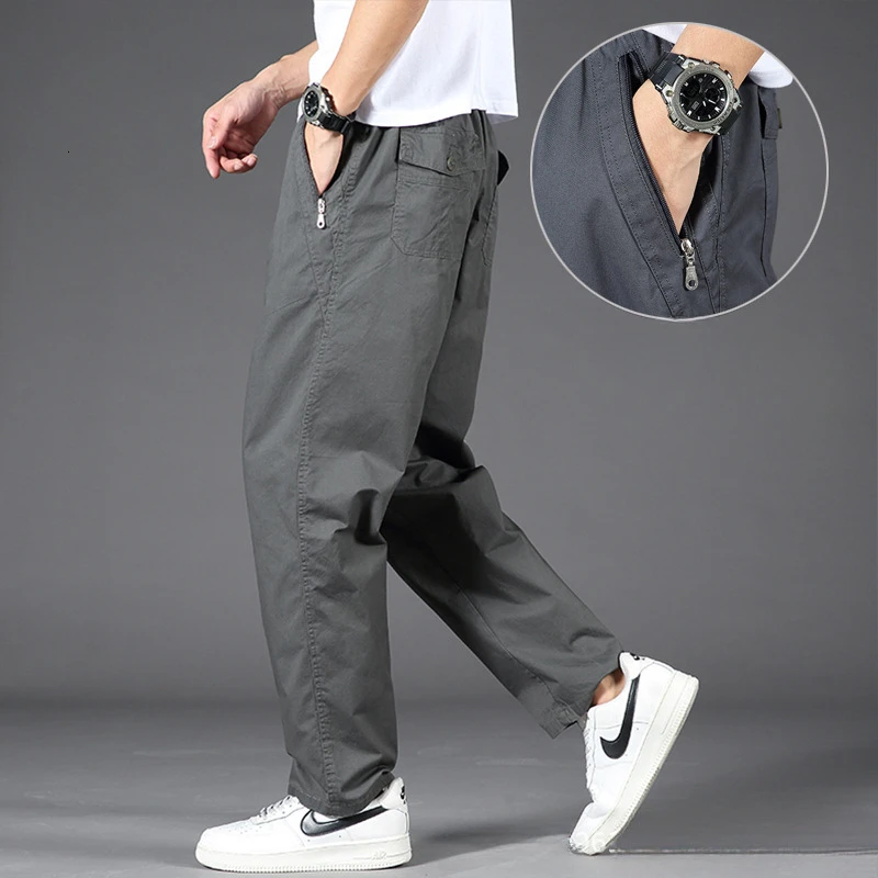 Plus Size Men's Pants, Zipper Outer Wear Trousers, Loose Straight Casual, Cotton Camping Pants