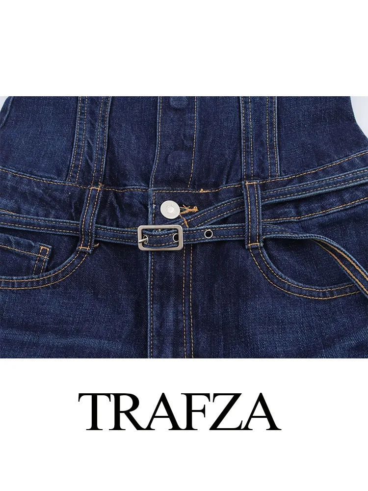 Trafza weibliche Sommer elegante Overall Denim ärmellose rücken freie Taschen einreihige Frauen mit Gürtels ch linge Overalls Mujer