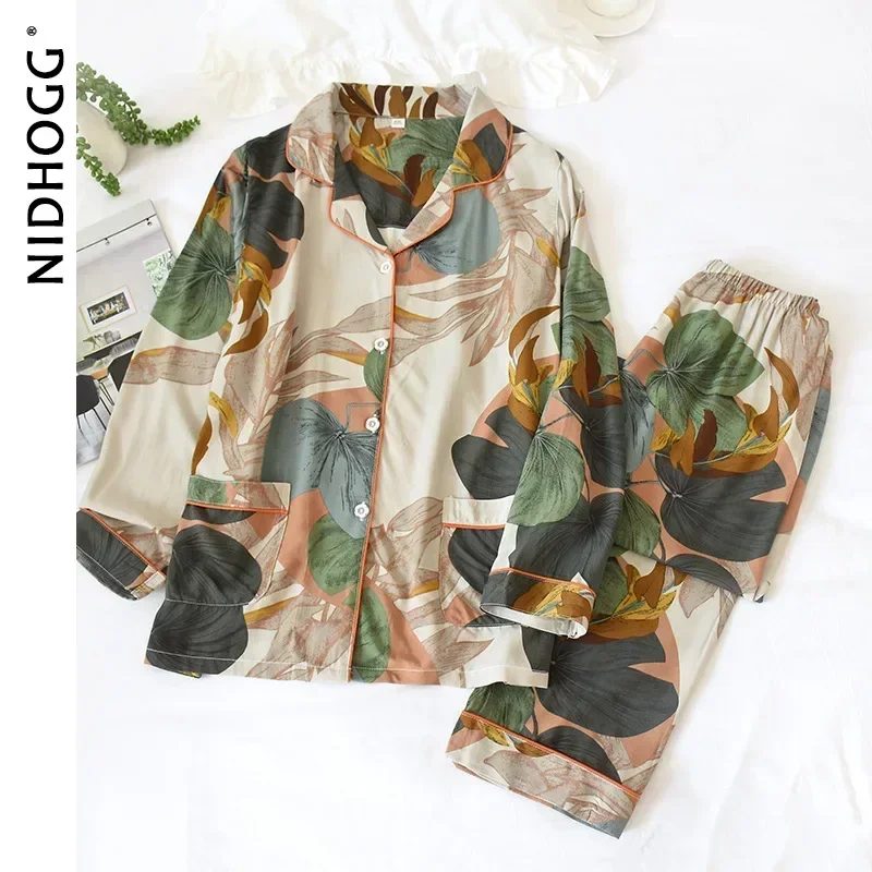 Nuovo 100% viscosa pantaloni a maniche lunghe pigiama vestito Plus Size lungo pigiameria casa delle donne pigiameria cotone seta due pezzi Set