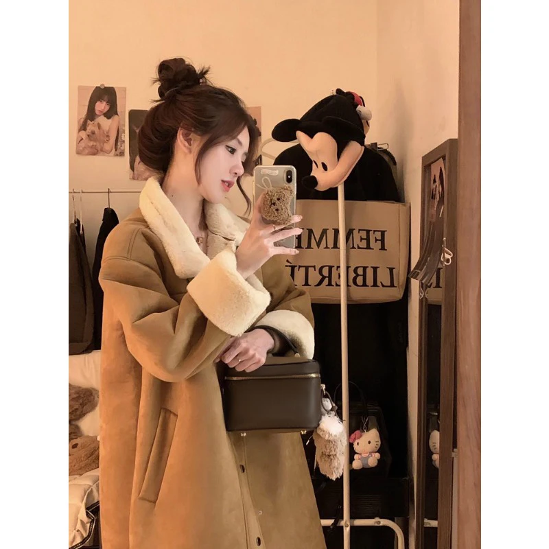 

Women Wool Coat Long Trench Suede Plush Coat For Women's Winter Fur Integrated Plush Thick Plush Medium Length Coat