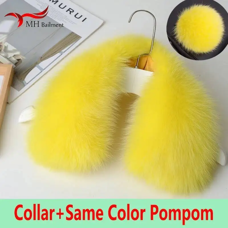100-天然フォックスファー襟付きレディース冬コートフード装飾ファー襟厚手ネックウォーマーファーショール同色ポンポン付き