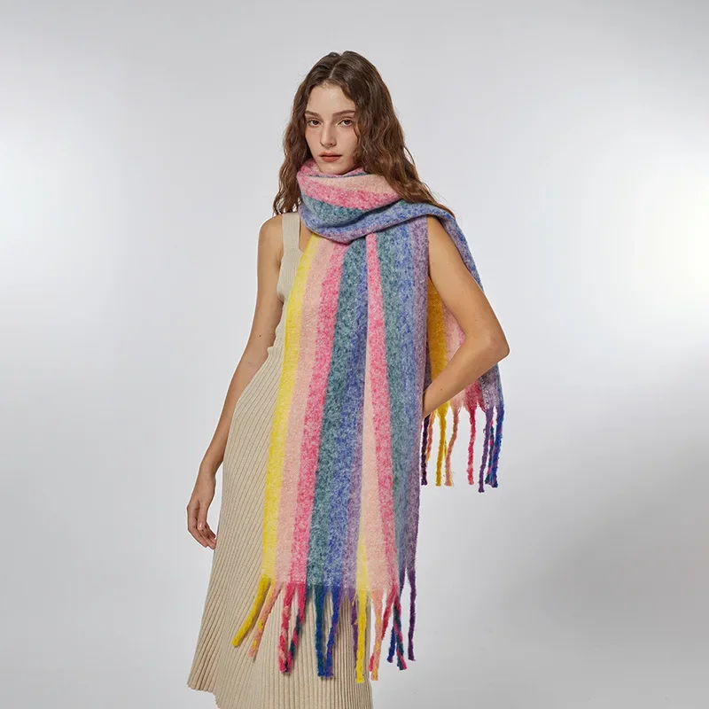 Écharpe en cachemire arc-en-ciel pour femme, grand châle, sensation de cou, rayure verticale, doux et collant, degré froid, hiver, 2023