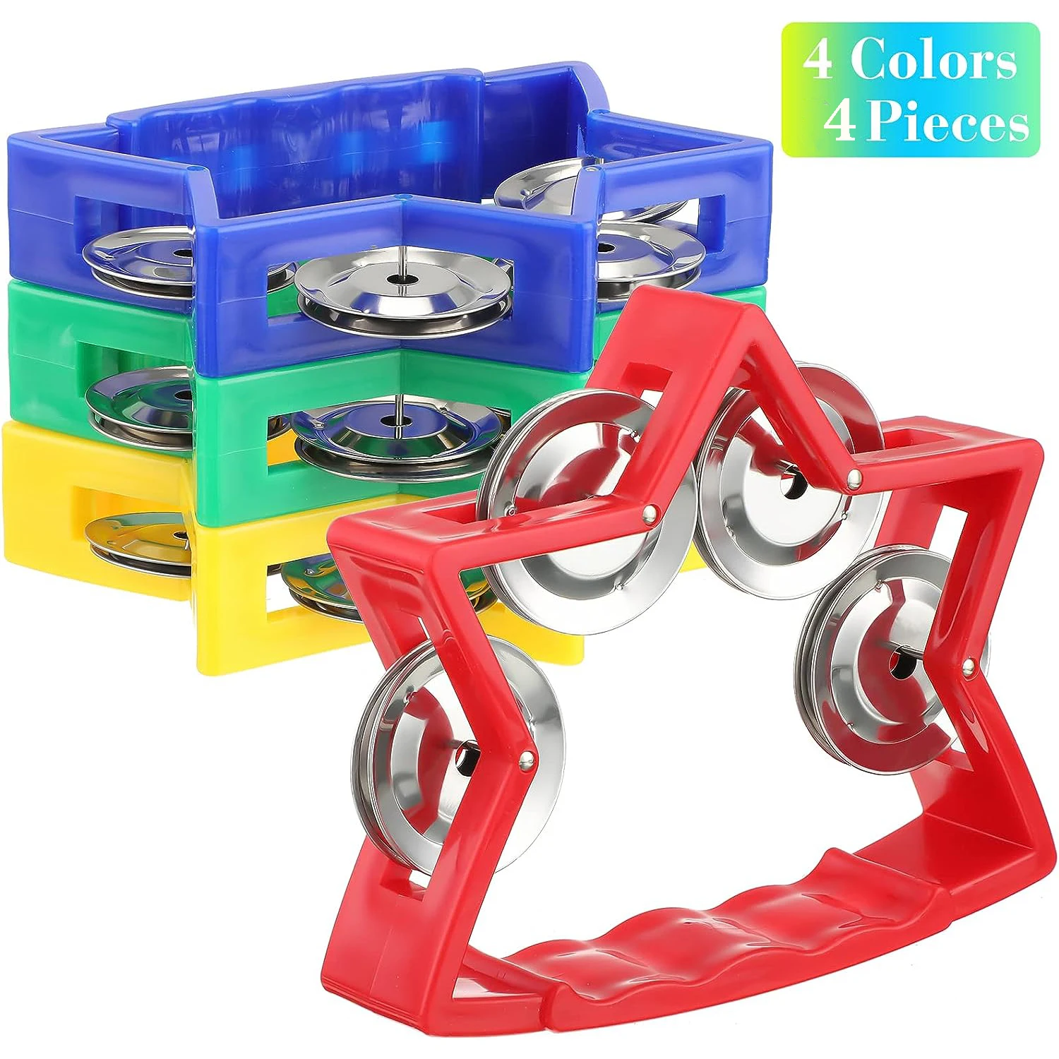 4 Pcs Plastic Percussion Tambourine for Kids Tambourine Handheld Musical Percussion Instrument with Jingle Bells for Kids Adults