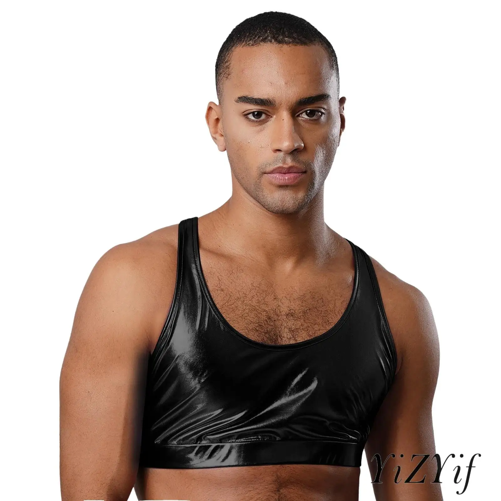 

Sleek Metallic Crop Top for Men Low Scoop Neck Corset Sexy Style Rave Shirt for Nightclub And Pole Dancing Events