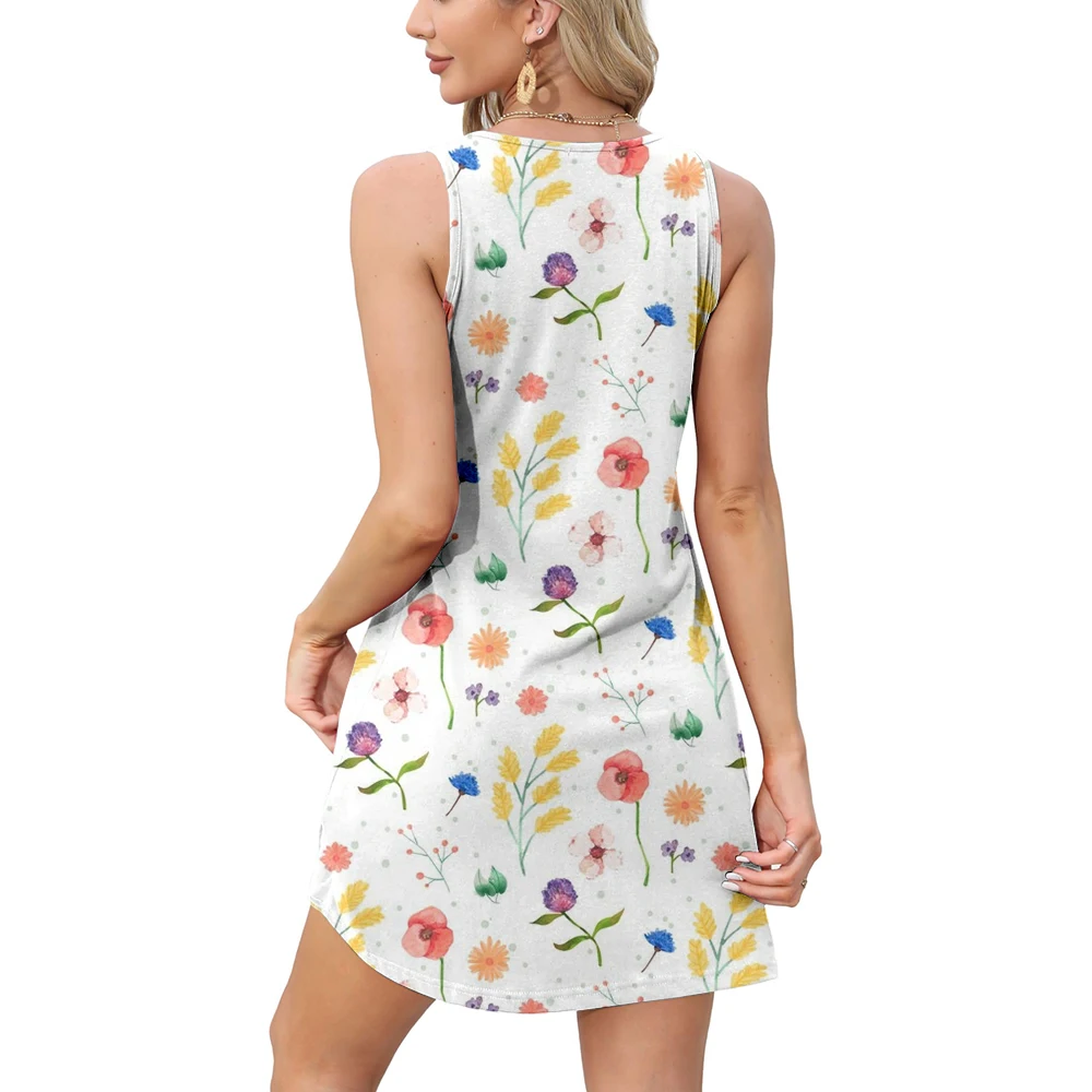 Vestido de verano hasta la rodilla para mujer, prenda informal con estampado floral blanco, a la moda, chaleco sin mangas, falda con bolsillo, novedad de 2024