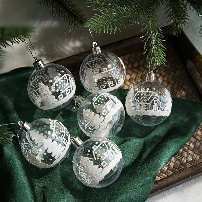 6Pcs Transparent Painting Plastic Christmas Ball Ornament Set White Snow Ball Xmas Tree Hanging Decoration for Home Navidad Gift