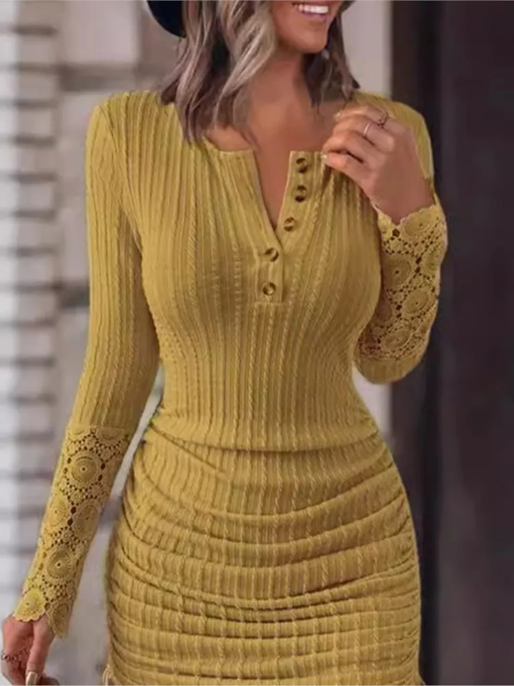 Autumn New Women's Solid Color Round Neck Open Tube Lace Long Sleeved Tight Fitting Hip Button Dress With Adjustable Length