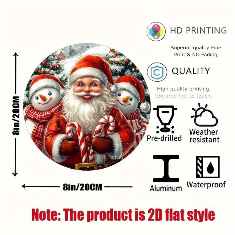 1pc Santa Claus & Snowmen Round Metal Wall Sign, Classic Style 2D Flat Print Aluminum Plaque, Weather-Resistant Multipurpose Hom
