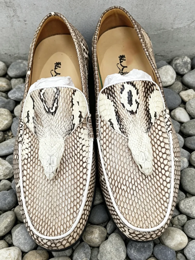 Concise Snakeskin Round Toe Platform Slip On Male Casual Shoes Handmade Genuine Leather Solid Color Height Increase Loafer