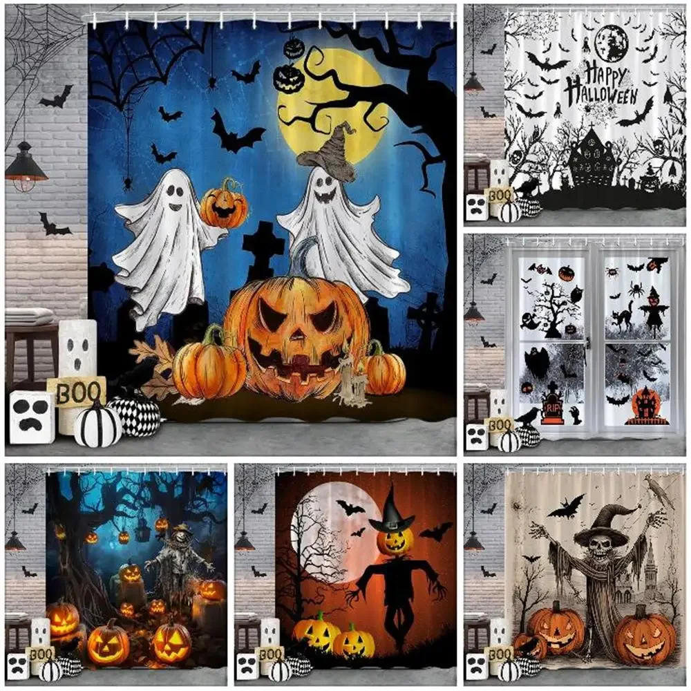 Halloween Shower Curtain Horror Trickster Bat Black Cat Autumn Pumpkin Washable Polyester Fabric Shower Curtains Bathroom Decor