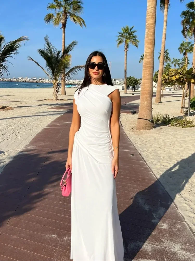 Irregular Pleated Solid Slim Maxi Dress Women Elegant O-neck Short Sleeve Long Robes Fashion Summer New Lady Vacation Dresses